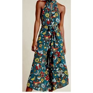 Anthropologie Geneva Teal Bold Mod Floral Halter Wide Leg Jumpst Pockets Sz XS